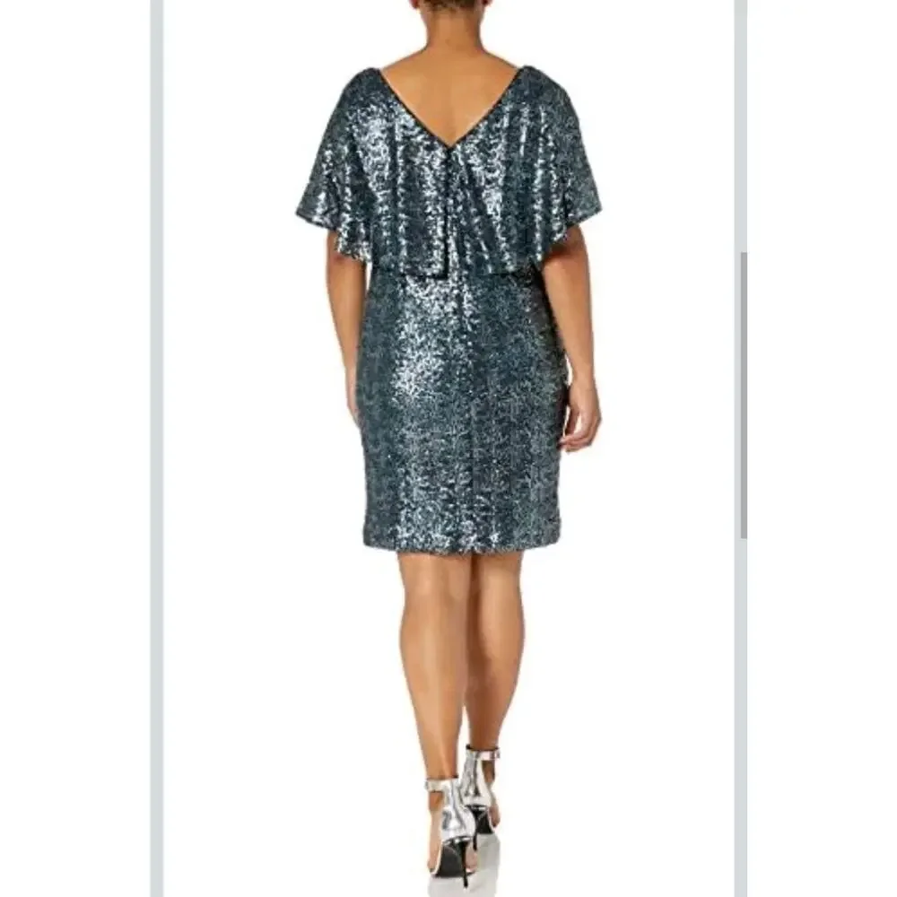 ALEX‎ EVENINGS Women's Sequined Cocktail Dress Size 14 NWT Cape Vintage Teal